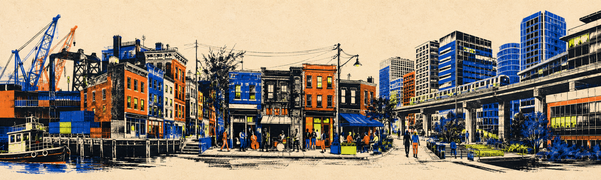 Editorial panorama connecting Baltimore harbor industry and rowhouses, Washington neighborhood storefronts, and Northern Virginia towers and elevated rail